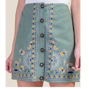 Francesca's Blue Rain Mini Skirt Size S Green Embroidered Button Front Bohemian